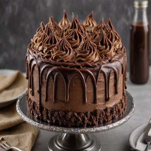 Regenerate the image of a beautifully decorated cake with layers of chocolate frosting, topped with intricate swirls of light and dark chocolate buttercream. Include piping bags with various tips and a small jar of caramel sauce beside the cake. The setting should have a clean, neutral background to highlight the cake's details.