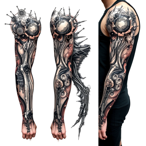 Futuristic biomechanical tattoo called "Cybernetic Evolution" depicting intricate machinery and circuitry seamlessly blending with human anatomy, creating a stunning and unique full sleeve design
