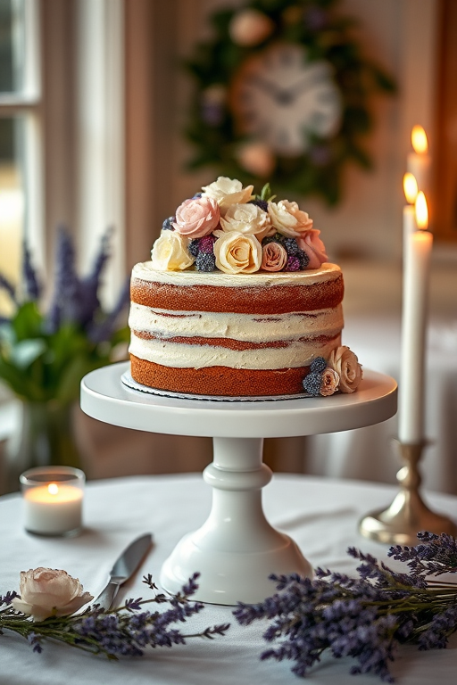 Capture a beautifully decorated cake on a white pedestal in a cozy setting with soft lighting, using a DSLR camera at f/2.8, ISO 100, shutter speed 1/60 sec, shot from a slightly elevated angle to emphasize the cake structure and surrounding elements like lavender and candles.