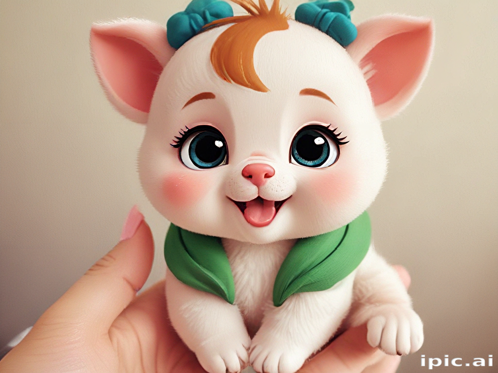 Adorable Cartoon Kitten with Big Eyes and Playful Expression in Hand.
