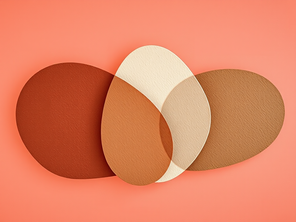 Create an abstract digital artwork with three overlapping organic shapes in earthy tones on a coral background, using a high-resolution camera with a 50mm lens, f/2.8 aperture, ISO 100, and soft natural lighting to enhance texture and detail.