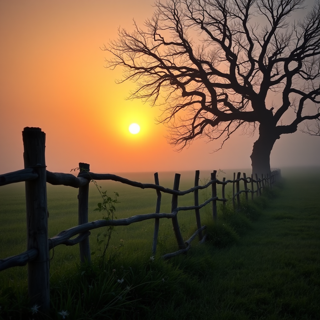A serene countryside landscape at dawn, with a misty orange glow filling the air. The sun rises behind a large twisted and gnarled bare tree, casting a warm light over the scene. A rustic wooden fence, weathered and overgrown with vines and delicate wildflowers along the fence line, stretches into the distance, dividing a grassy field that fades into the fog. The grass is dew-kissed and shimmering, and there's a touch of mist rising from the ground. The sky gradually fades into darker shades as it reaches higher, enhancing the peaceful, dreamlike dark fantasy atmosphere