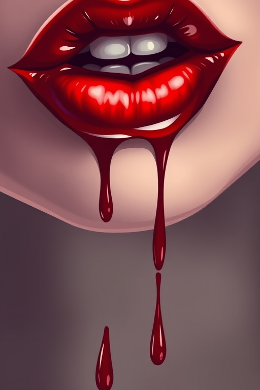 Generate an artistic illustration of luscious red lips with blood dripping down, using a 50mm lens at f/1.8, with soft diffused lighting and a high-resolution digital art style to enhance the image quality.