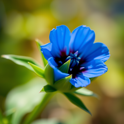 Close-up of a blue flower with sharp green leaves in a soft-focus background, captured with a DSLR camera at f/2.8 aperture, 100mm lens, ISO 100, natural light, shallow depth of field, high-resolution.