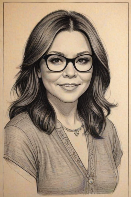 Lovely Rachael Ray, pencil sketch, portrait of Dazzling woman 1923s in glasses, hair style beatnik, outline, clear lines, fine lines, 8k