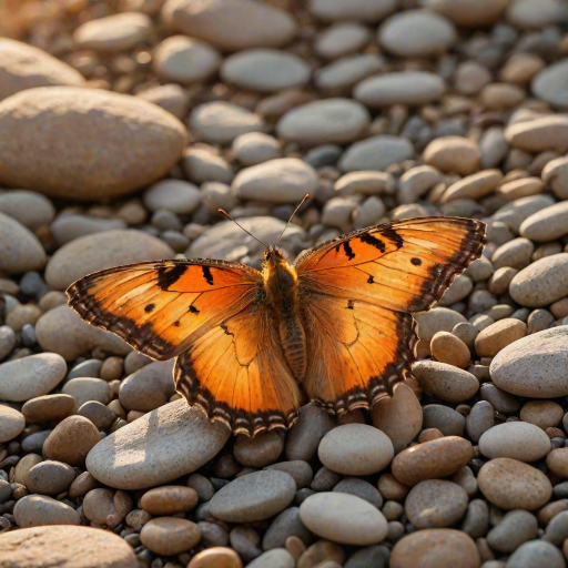 A vibrant orange and yellow butterfly with black markings is perched on a bed of small, brown pebbles in the warm, golden light of a setting sun. The butterfly is facing the viewer with its wings slightly raised, creating a sense of delicate movement. The background is a soft, blurred green and yellow, creating a gentle, natural atmosphere. The image is captured in a close-up perspective, focusing on the butterfly's intricate details and the warm glow of the sunlight.