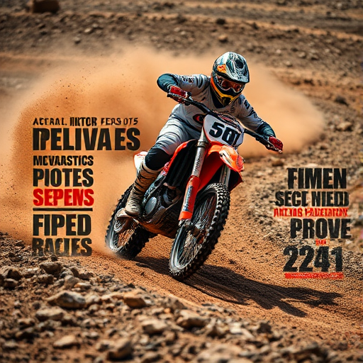 Capture a motocross racer in action on rough terrain, using a Canon EOS R5, 24-70mm f/2.8 lens, ISO 100, shutter speed 1/1000s, aperture f/4, shot at a low angle for dynamic perspective.