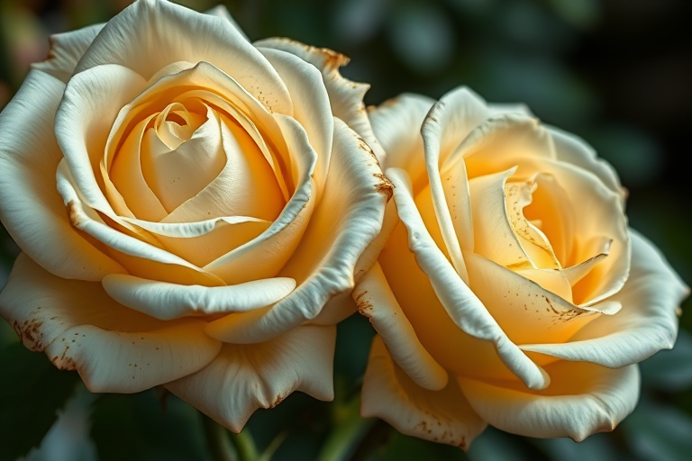 Generate a high-resolution image of two luxurious cream roses with golden accents and intricate details, shot with a Canon EOS R5 at f/8, ISO 100, 50mm lens, natural light, and a macro view for enhanced texture and color richness.