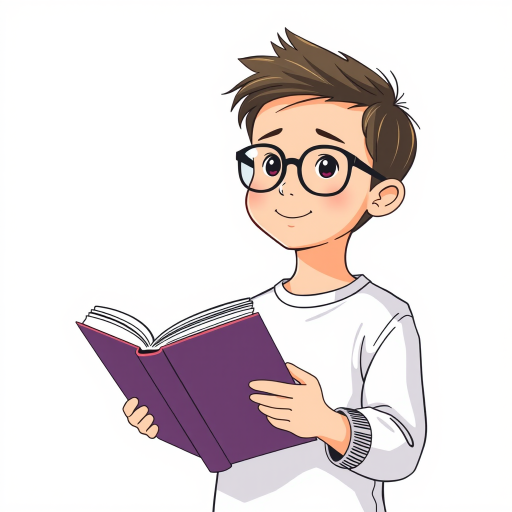Illustration of a young boy with glasses holding a book, simple lines and soft colors, shot with a Canon EOS 5D Mark IV, aperture f/4, ISO 100, 50mm lens, natural light, clean background.