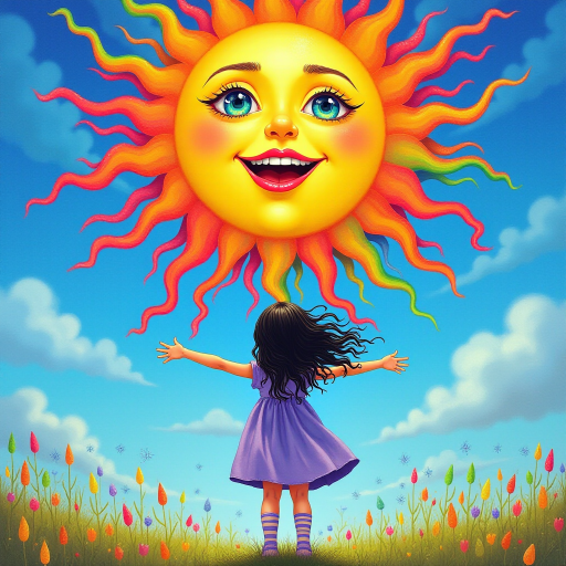 A depiction, in colorful paints, of a little girl, back to the viewer, short stripy socks, lilac and blue dress, arms outstretched, long black wavy hair being blown by the breeze, bight summer's day, up in the blue sky a giant colorful sun face, with pretty eyes, pink lips, colorful swirls, and rainbow colored flames shooting off in all directions