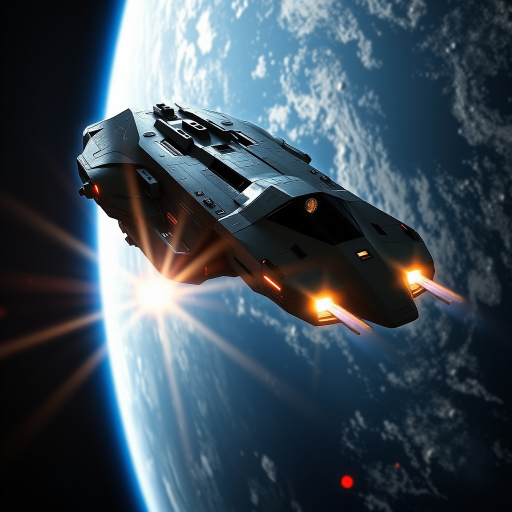 A futuristic spaceship flying near Earth, with a high-resolution texture, dynamic lighting, and a lens flare effect, captured with a Canon EOS R5, 24mm f/1.4 lens, ISO 100, 1/200 sec, at an angle that emphasizes the ship's design and Earth in the background.