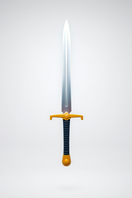 Create an image of a stylized sword with a bright white blade and a yellow hilt, captured using a DSLR camera with a 50mm lens, aperture f/2.8, ISO 100, in a well-lit studio setting for enhanced clarity and detail.