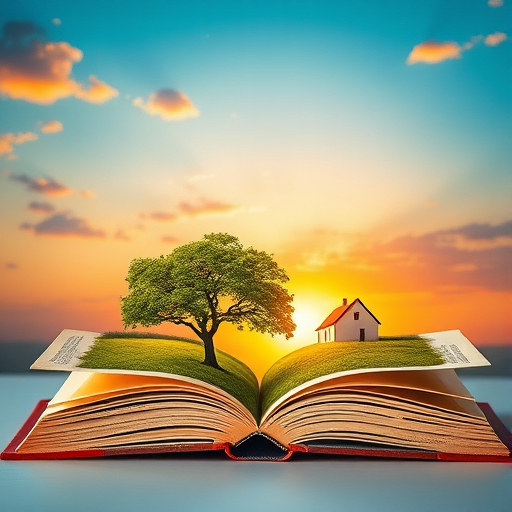 Create an image of an open book with pages forming a landscape, featuring a tree and a house in a vibrant sunset setting, captured with a DSLR camera at f/8 aperture, 50mm lens, ISO 100, and soft lighting for enhanced depth and clarity.