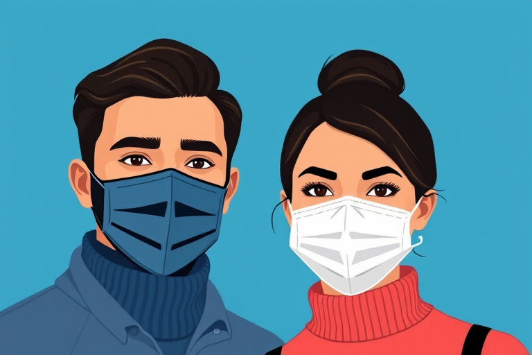 Create a vector illustration of a man and woman wearing face masks, with a solid blue background, using a Canon EOS R5 with a 50mm lens, aperture f/4, ISO 100, shot from a frontal view in a minimalist style.