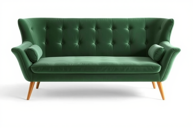 Regenerate an image of a stylish green velvet sofa with a minimalistic design, captured with a DSLR camera, 50mm lens, f/2.8 aperture, ISO 100, soft natural lighting, centered composition against a white background.
