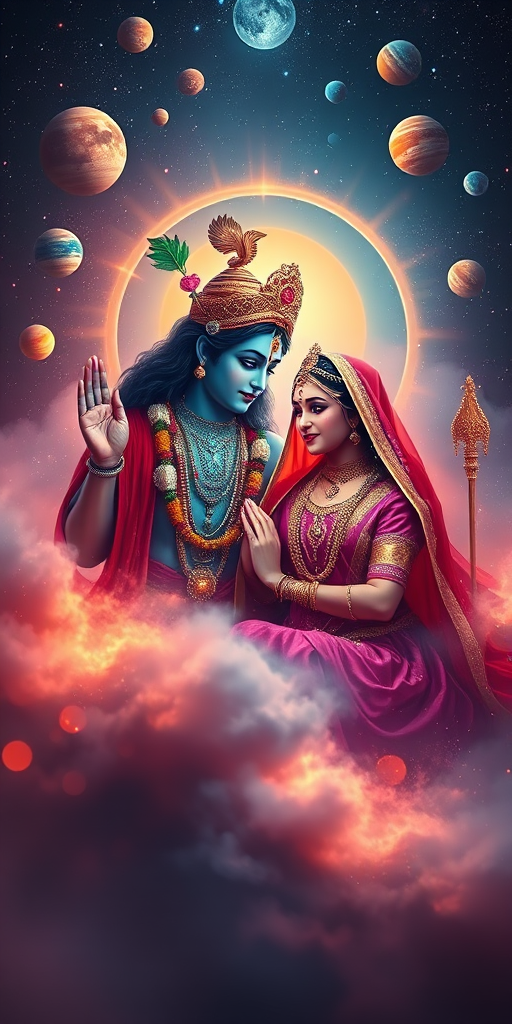 Create a vibrant and mystical scene of Lord Krishna and Radha surrounded by cosmic elements such as planets and stars, using a Canon EOS R5 with a 50mm f/1.2 lens, aperture set to f/2.8, ISO 100, capturing the essence of divine love in a dreamy, ethereal style.