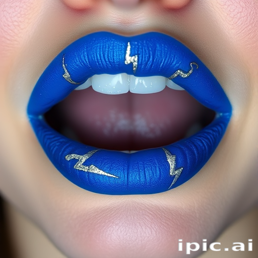 Electric blue lips with lightning bolt patterns in silver, named "Thunderstruck," make a dramatic statement with a matte finish and subtle glitter for edgy music festivals
