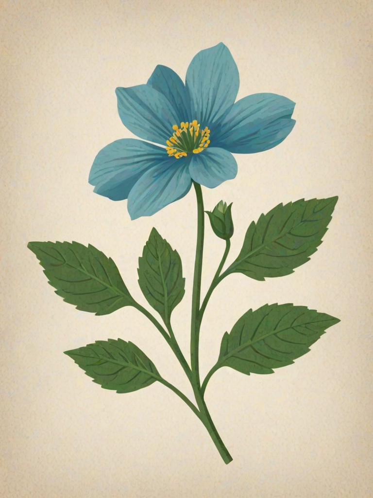 a simple blue flower with a textured center and green leaves on a slender stem, illustrated in a flat design style