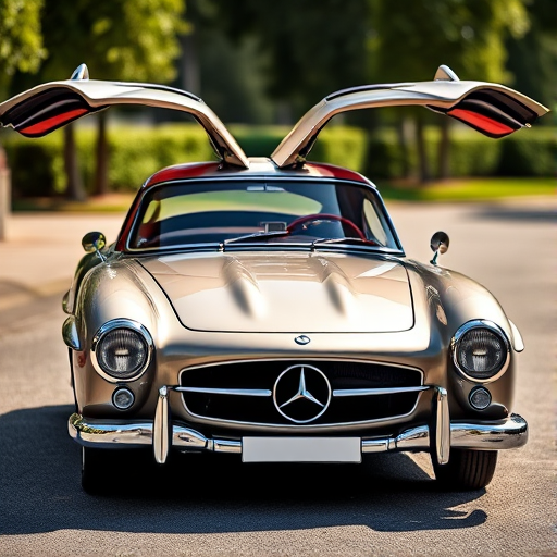 A vintage Mercedes-Benz 300SL Gullwing car with its doors open, captured with a Canon EOS R5, 50mm f/1.2 lens, ISO 100, f/2.8, shallow depth of field, in bright natural lighting, with a focus on the sleek curves and details of the car.