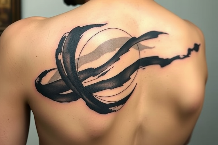 Brush stroke tattoo called "Zen Calligraphy" featuring fluid, expressive lines resembling traditional Japanese sumi-e paintings, with varying ink densities and organic shapes creating a sense of movement and balance