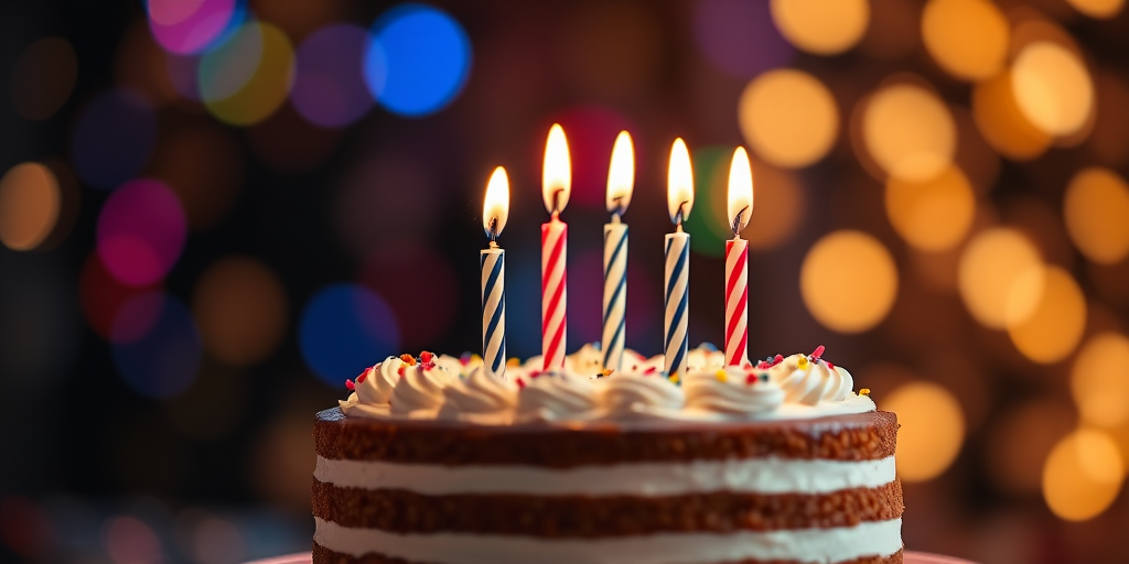Generate an image of a birthday cake with candles on top, surrounded by colorful bokeh effects, soft focus background, using a DSLR camera with a 50mm lens, aperture set to f/1.8, ISO 200, and a shallow depth of field for enhanced clarity.