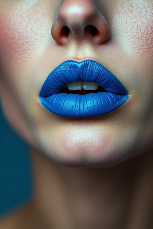 Electric blue woman lips with matte texture, pushing boundaries and expressing creativity in makeup