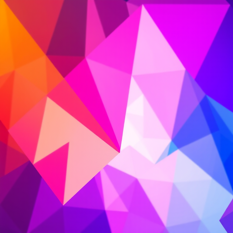 create a vibrant geometric abstract background with a blend of orange, pink, blue, and purple colors featuring sharp, angular shapes and gradients, captured with a Canon EOS R5, 50mm lens, f/1.8, ISO 100, in a soft focus style for enhanced color depth and clarity