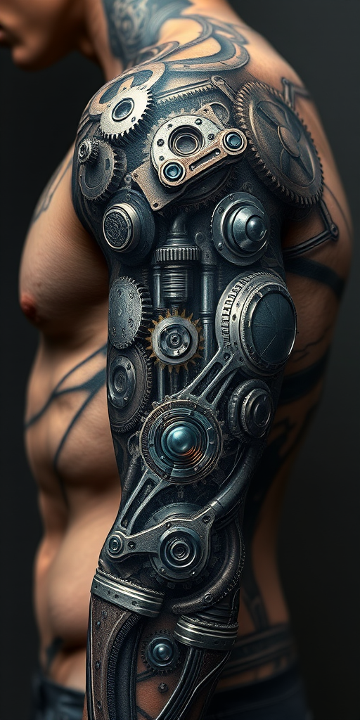Realistic 3D biomechanical tattoo dubbed "Cybernetic Evolution" depicting hyper-detailed mechanical components seamlessly merging with human anatomy gears pistons and circuitry appear to lie just beneath the surface of the skin creating an illusion of a futuristic cyborg enhancement meticulously shaded to achieve a striking three-dimensional effect