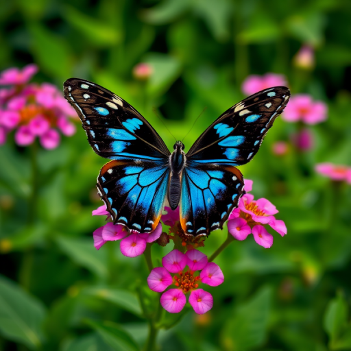 Generate an image of a butterfly with striking blue and black patterns resting on pink flowers in a lush green garden setting. The focus should be on the intricate details of the butterfly's wings and the vibrant colors of the flowers, creating a serene and natural atmosphere.
