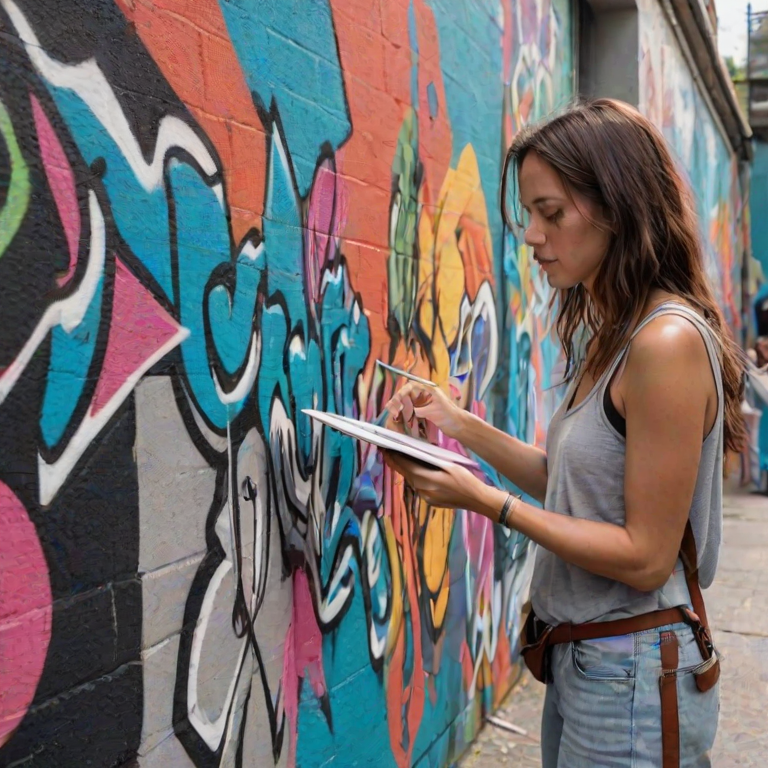 Vibrant street art scene, walls covered in colorful murals, a woman with a sketchbook stops to admire a particularly striking piece, her fingers tracing the lines of the artwork.