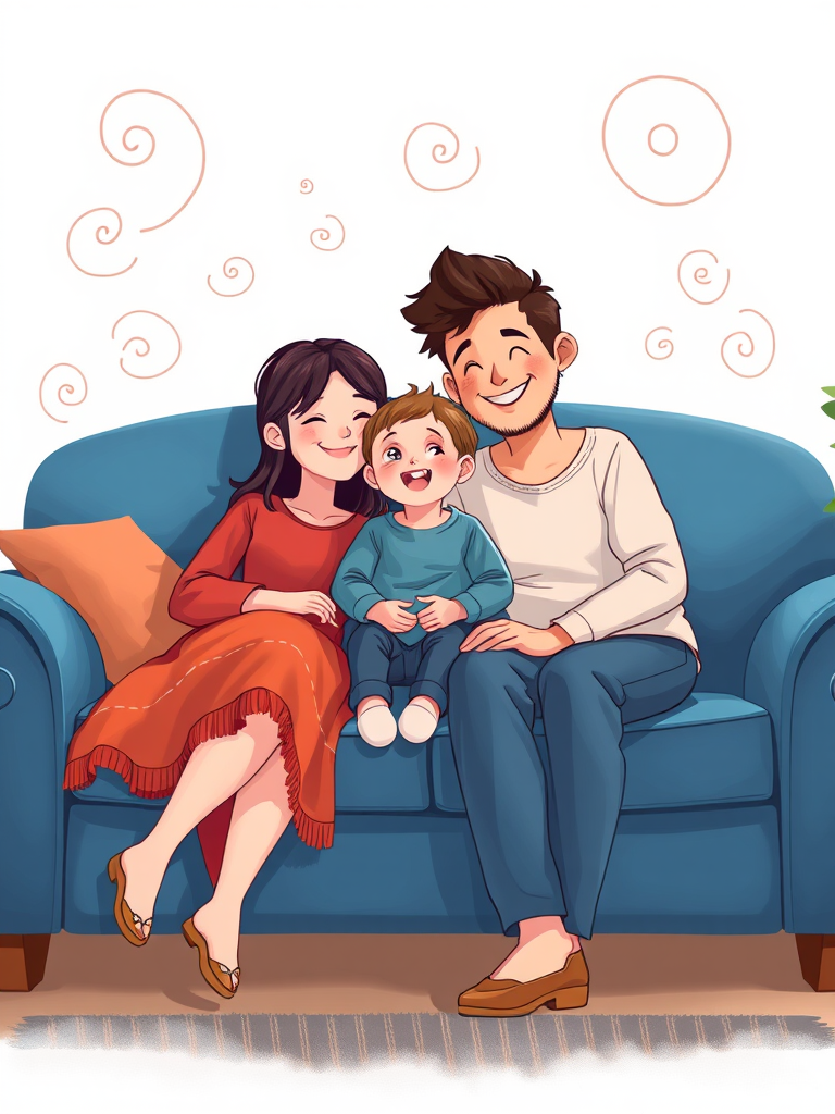 Generate a high-resolution digital illustration of a happy family of three sitting on a cozy blue couch with stylized swirls around them, featuring a mother, father, and child; use a soft focus effect, set at 50mm focal length, f/2.8 aperture, with even lighting to create a warm atmosphere.