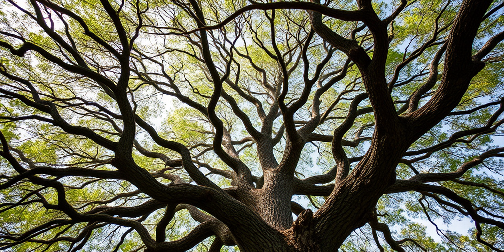 generate a highly detailed illustration of a tree with intricate branches, camera settings: f/8 aperture, ISO 100, shutter speed 1/250, camera view from a low angle, camera style: realistic, camera type: DSLR