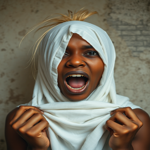 Create a close-up photographic image of a Oromo woman with light skin tones shown against an old, worn wall. Their head is wrapped in a white cloth covering (i.e.... parts of the head except the nose and mouth, which are open as if they are screaming...), with a slight texture and visible folds in the fabric. Thin strands of blonde hair escape from the wrapping above, falling lightly at the top and sides. Their hands hold the fabric as if they are tugging nervously. The lighting is dramatic and even, casting strong shadows. The image has a minimalist and surreal style with an emphasis on simplicity with soft color tones. The composition is centered.