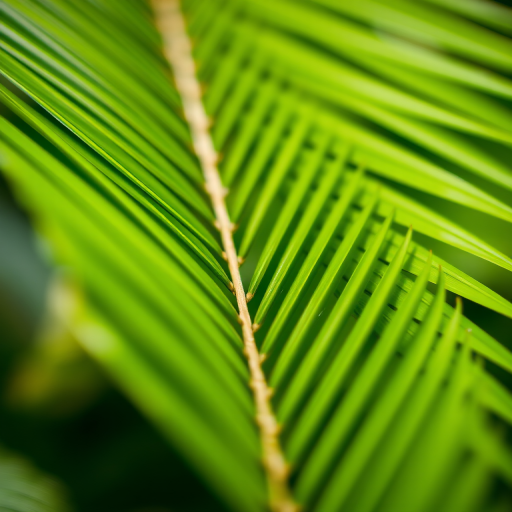 macro photograph of green palm leaf with vibrant details, natural light, aperture f/2.8, shutter speed 1/125s, ISO 100, focused on texture, taken with a DSLR camera, 50mm lens, shallow depth of field