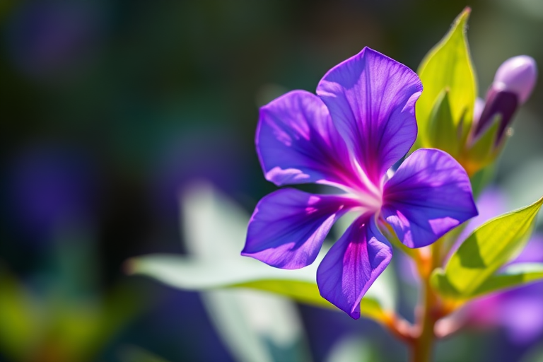 Close-up shot of a vibrant purple flower with green leaves in a blurred background, using a DSLR camera with a 50mm lens, aperture set to f/1.8 for shallow depth of field, ISO 200, and natural daylight for enhanced detail and contrast.