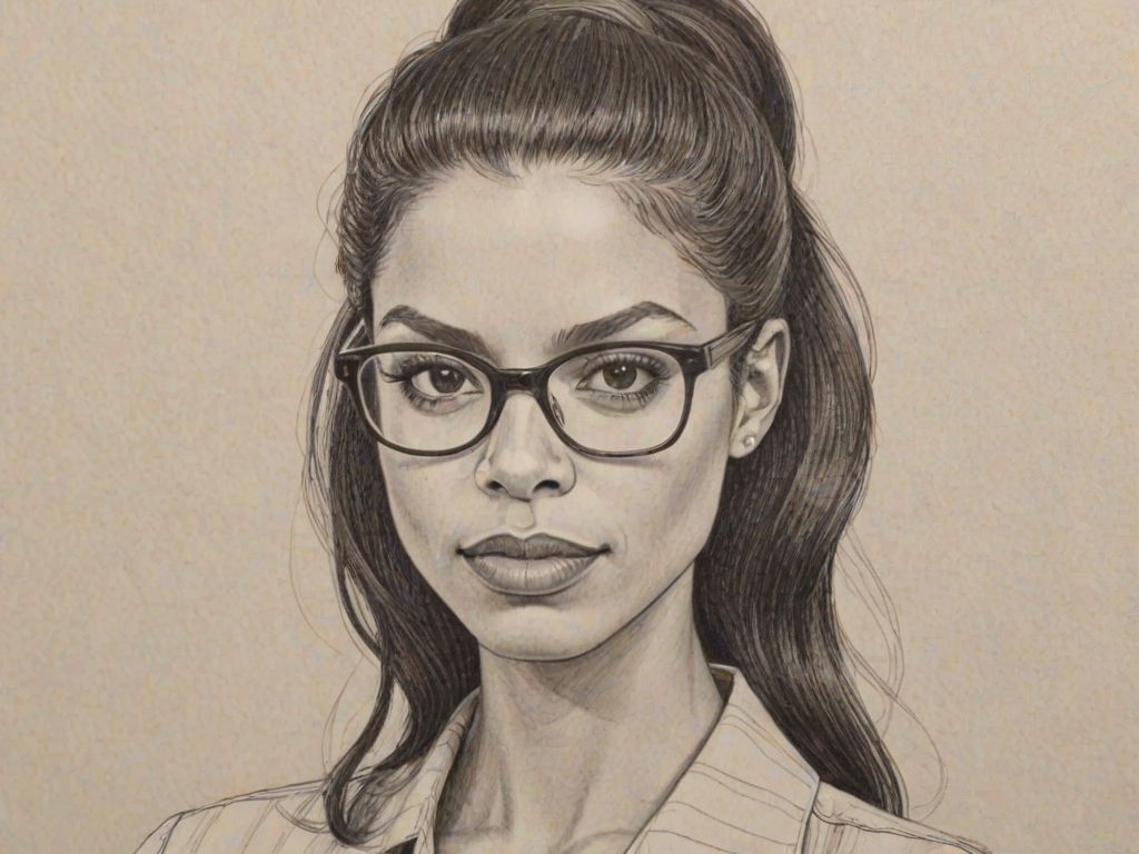 Fascinating Susan Kelechi Watson, pencil sketch, portrait of Bewitching woman 1977s in glasses, hair style beatnik, outline, clear lines, fine lines, 8k