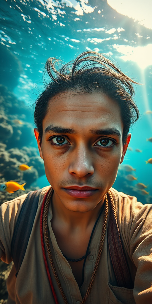 Realistic selfie image of a Nepali, wearing a vintage outfit, detailed dreamy eyes, droopy hooded eyes, staring at the camera, taken underwater at coral reef with a sunbeam filtering through the water, vibrant, summer vacation, natural lighting, turtle and school of tropical fish with vibrant colors, rendered in the style of CryEngine, Pegi Nicol MacLeod, with realistic genre scenes, hauntingly beautiful narratives, ultra-realism, and Thomas Saliot's close-up technique, 8K resolution, crystal clear and sparkling water.