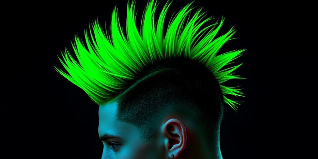 Edgy neon green mohawk christened "Toxic Surge" standing tall with razor-sharp edges, fading into darker emerald roots and accented with UV-reactive hair dye