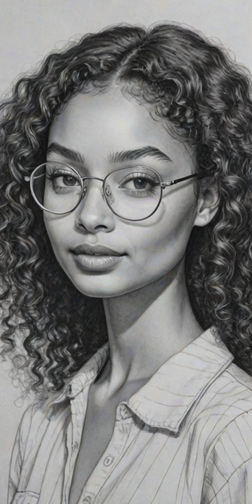 Delightful Yara Shahidi, pencil sketch, portrait of Charming woman 1974s in glasses, hair style beatnik, outline, clear lines, fine lines, 8k