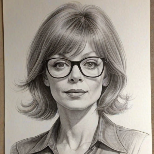Gorgeous Frances Fisher, pencil sketch, portrait of Radiant woman 1971s in glasses, hair style beatnik, outline, clear lines, fine lines, 8k