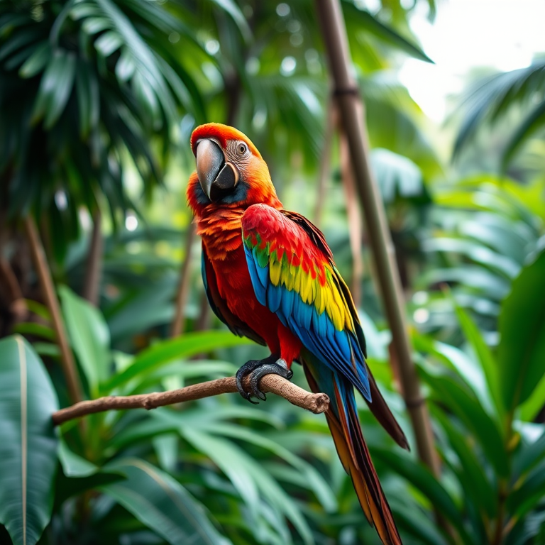 A vibrant macaw perched on a branch in a lush tropical jungle, 50mm lens, f/2.8 aperture, ISO 100, natural lighting, shallow depth of field, DSLR camera.
