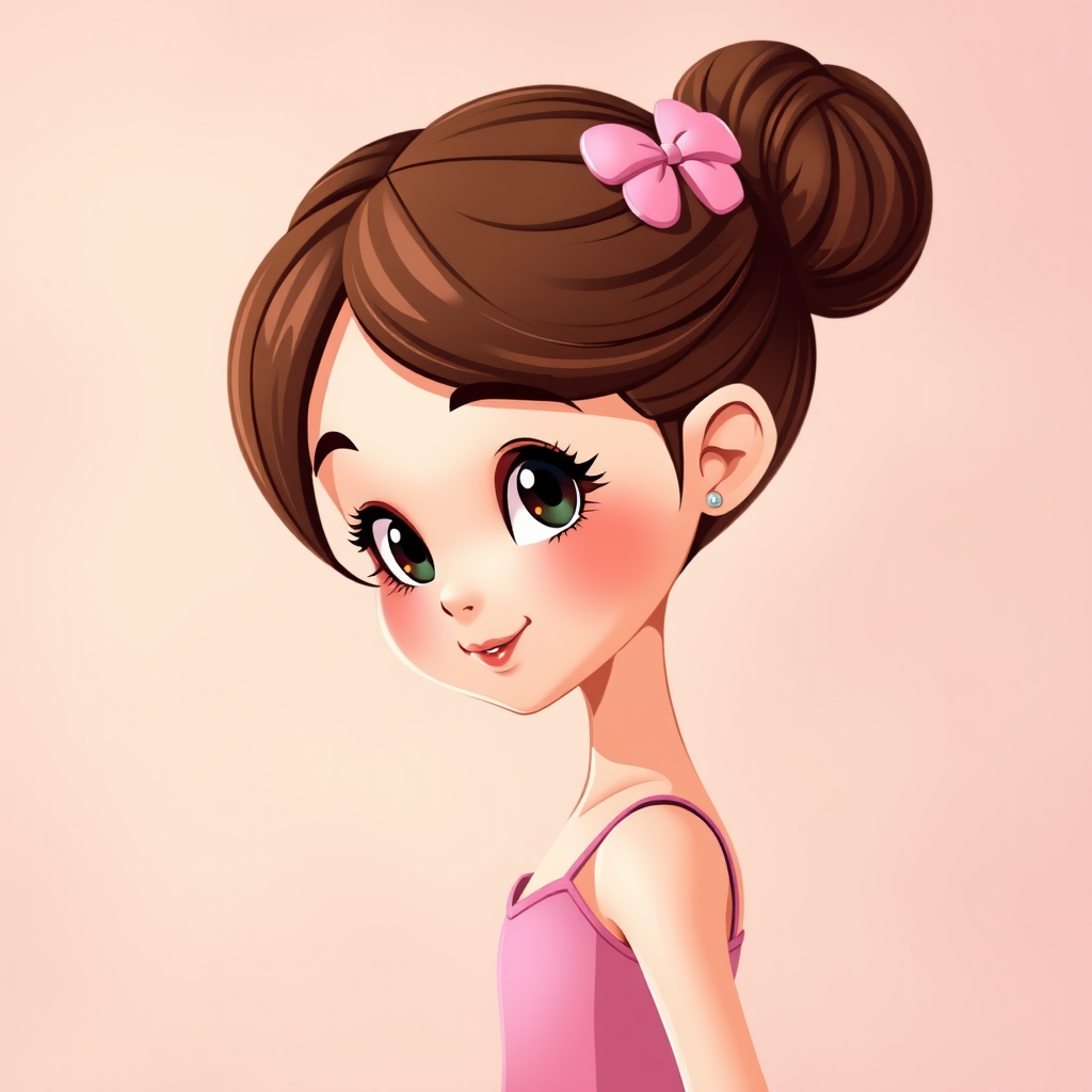 Create a vibrant illustration of a cartoon ballet dancer girl with brown hair in a bun and a pink ballet outfit, set against a soft pastel background, using a DSLR camera at f/2.8 aperture, ISO 100, 50mm lens, with a shallow depth of field for a crisp focus on the dancer.