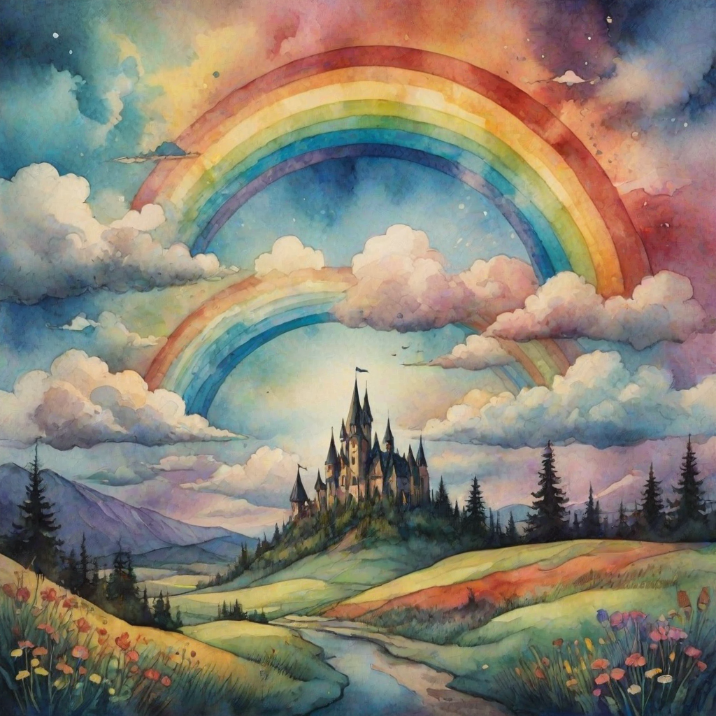 A whimsical and surreal sky with a vibrant rainbow, featuring dramatic lighting effects and a textured watercolor background, with a touch of gothic aesthetic.