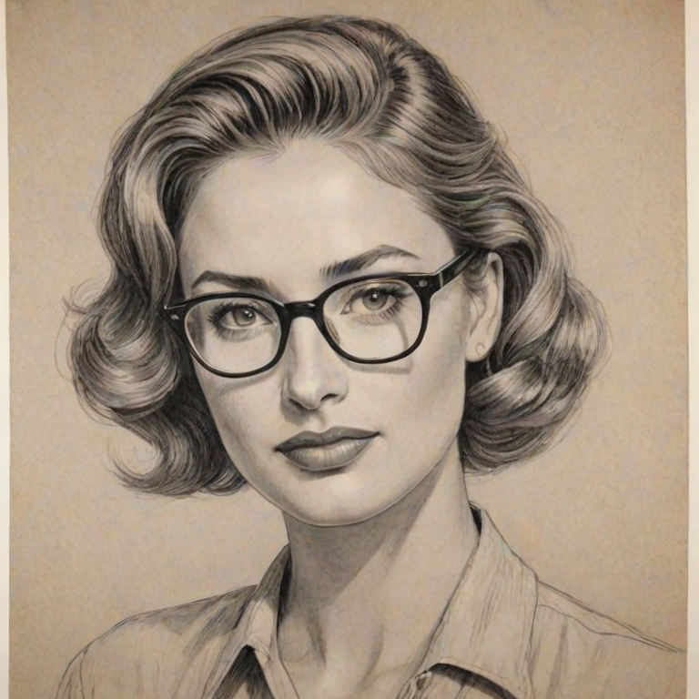 Wonderful Justin Hartley, pencil sketch, portrait of Lovely woman 1946s in glasses, hair style beatnik, outline, clear lines, fine lines, 8k