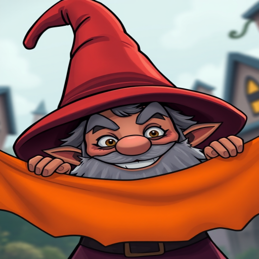 create an image of a mischievous cartoon wizard with a large pointed hat and a cheeky grin hiding behind an orange banner, use a Canon EOS R5 camera, aperture f/4, ISO 100, 50mm lens, and a slight upward angle view to enhance image quality