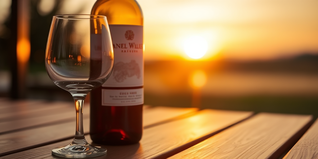 Capture a close-up of a wine bottle and glass on a wooden table at sunset, using a DSLR camera with a 50mm lens, aperture f/2.8, ISO 100, 1/200 sec shutter speed, golden hour lighting for warm tones and enhanced depth of field.