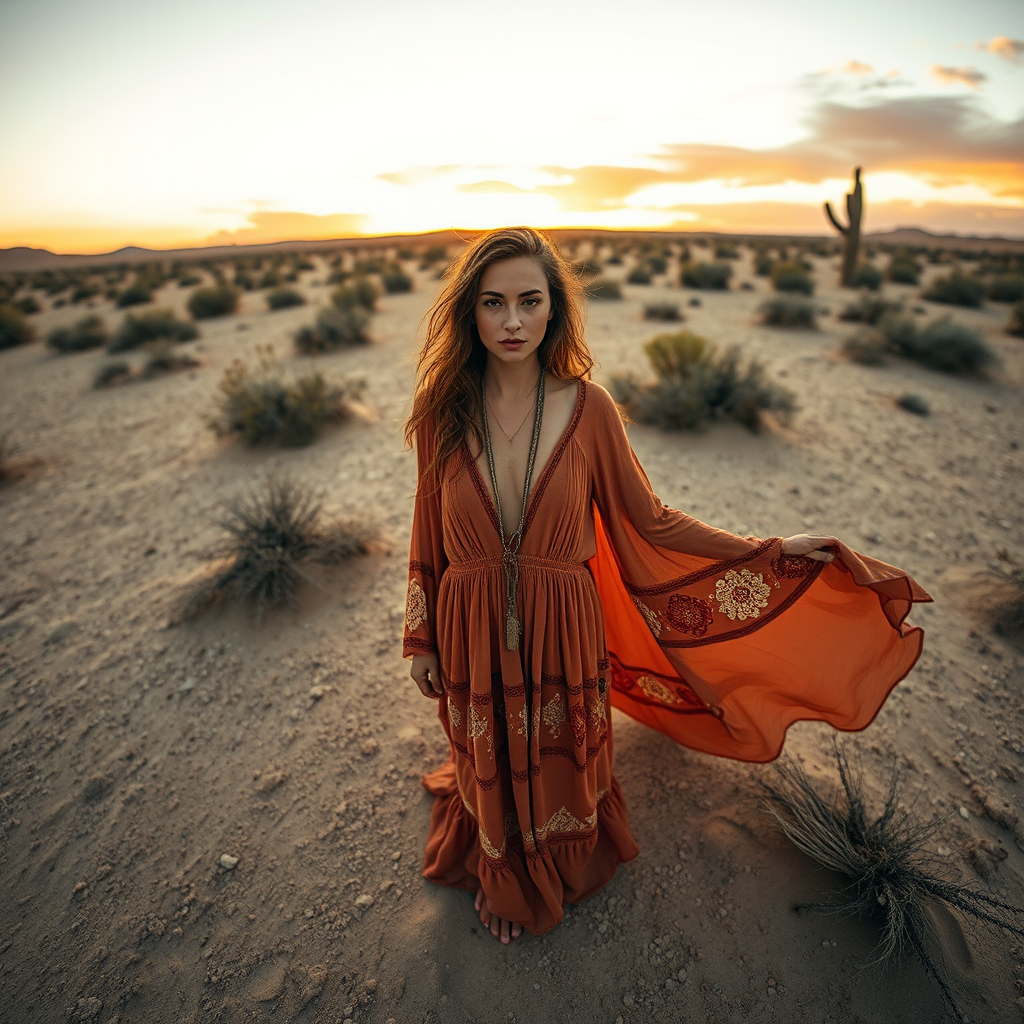 Desert setting, bohemian model, flowy dresses, earthy tones, rustic sunset effect,  equipped with a 12mm lens to capture an overhead view of the model, emphasizing symmetry and spatial positioning