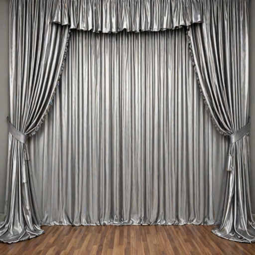 generate an image of a silver satin ruffled curtain with a shiny texture hanging straight across a plain background