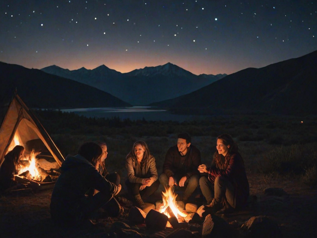 Warmly lit image of a group of friends huddled around a campfire under the stars, soft glow from the flames illuminating their faces, distant mountains silhouetted against the night sky.
