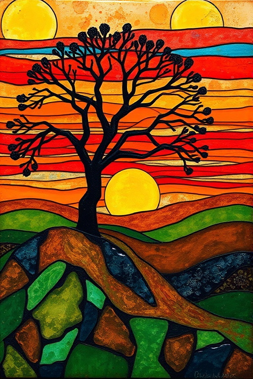 A vibrant abstract painting on Tiffany Glass, blending acrylic and alcohol ink techniques, captures a dramatic sunset over rolling hills. The artwork features a textured, rocky foreground in green and brown, layered abstract hills, and a striking sunset in rich oranges, yellows, and reds. A solitary black tree with intricate branches contrasts against the fiery sky, creating a dynamic and expressive portrayal of a breathtaking natural scene.